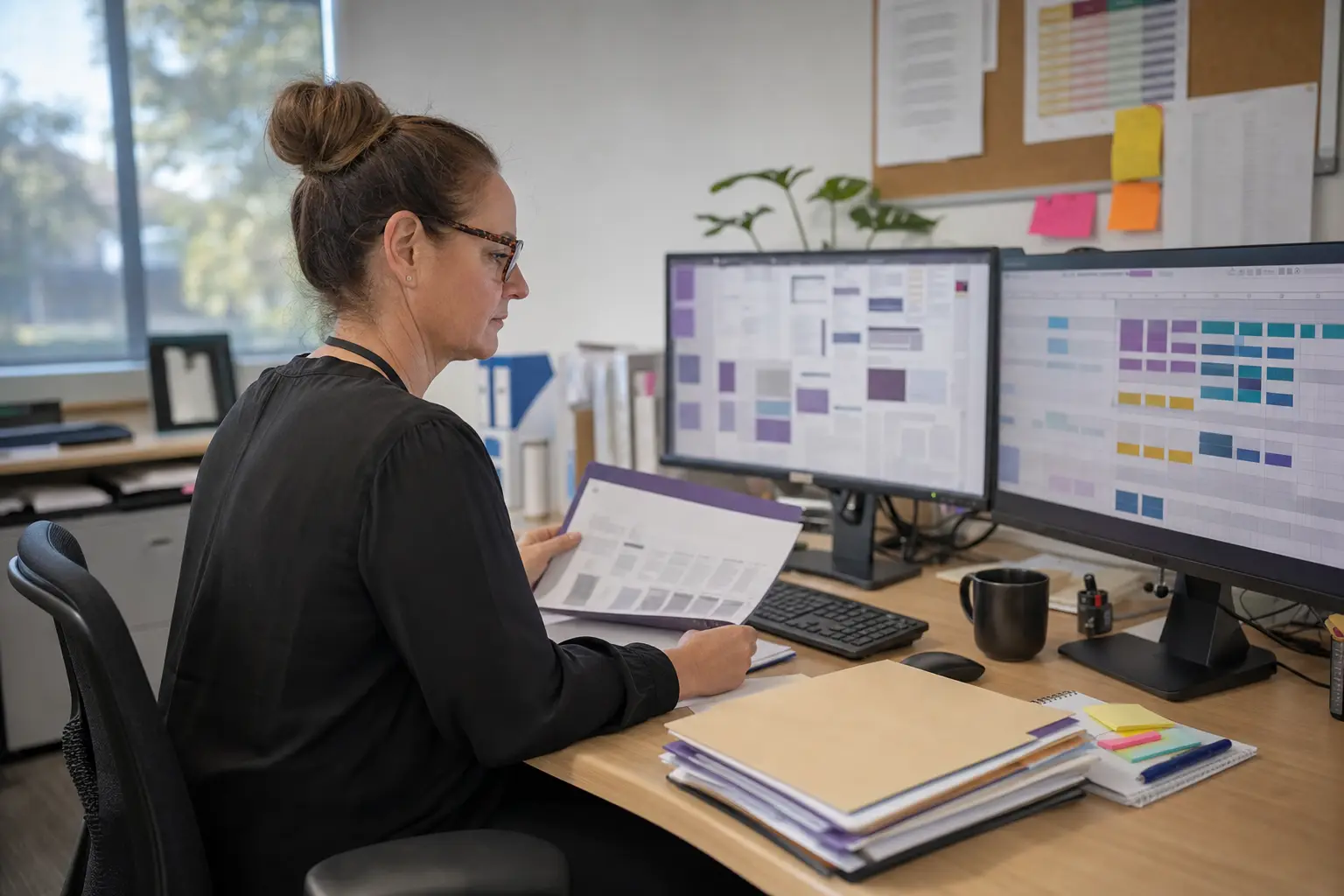 A compliance manager at a dual-monitor desk reviewing evidence and a mapping matrix.